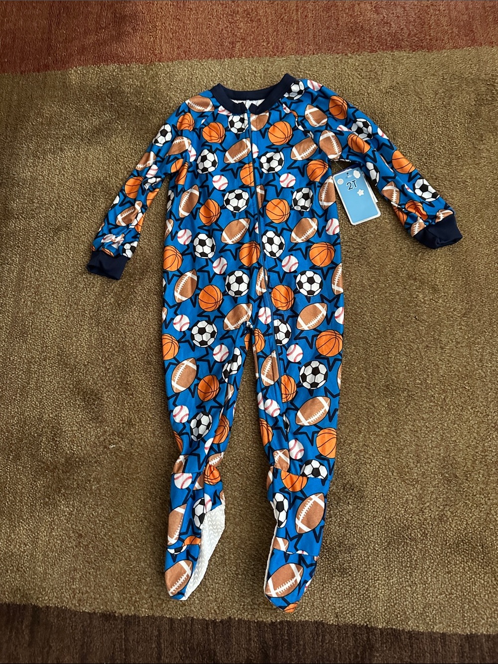 🌵 3/$15 2T Blue Sports Print One-Piece Gripper Footed Pajamas ( see description)